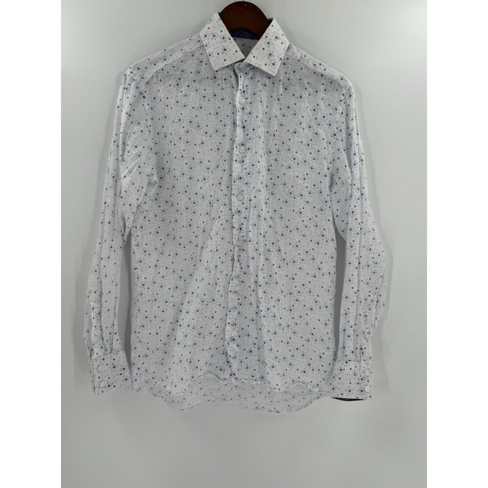 Bertigo White Blue Floral 100% Linen Long Sleeve Button Up Shirt Measures MEDIUM